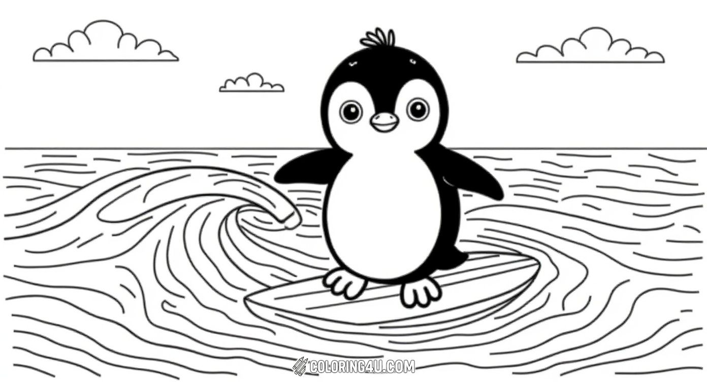 Join this adventurous penguin as it surfs the waves! This engaging coloring page shows a happy penguin riding a surfboard with a sunny sky and mountains in the background, inspiring creativity and fun.
