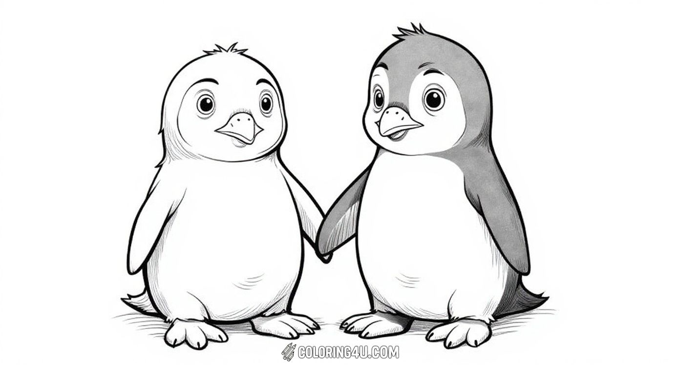 This charming coloring page showcases two cute baby penguins standing side by side as best friends. With their big eyes and fluffy bodies, kids will love coloring these playful penguins and imagining their adventures in the icy world.