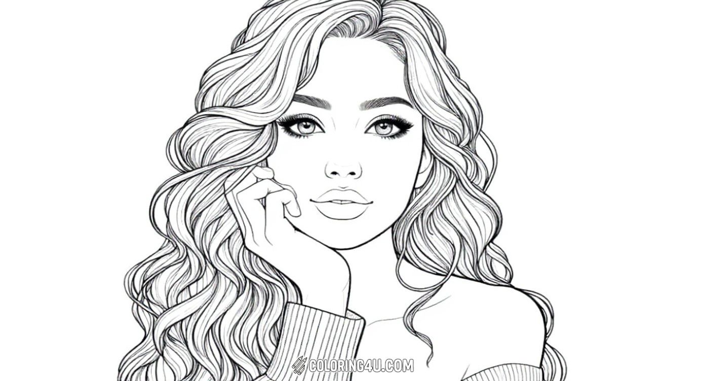 Here is a beautiful young woman with long, flowing wavy hair and captivating eyes. She is resting her face on her hand, wearing a cozy sweater that falls off one shoulder. This detailed and elegant coloring page invites kids to express their creativity by adding color to her lovely hair and peaceful expression.