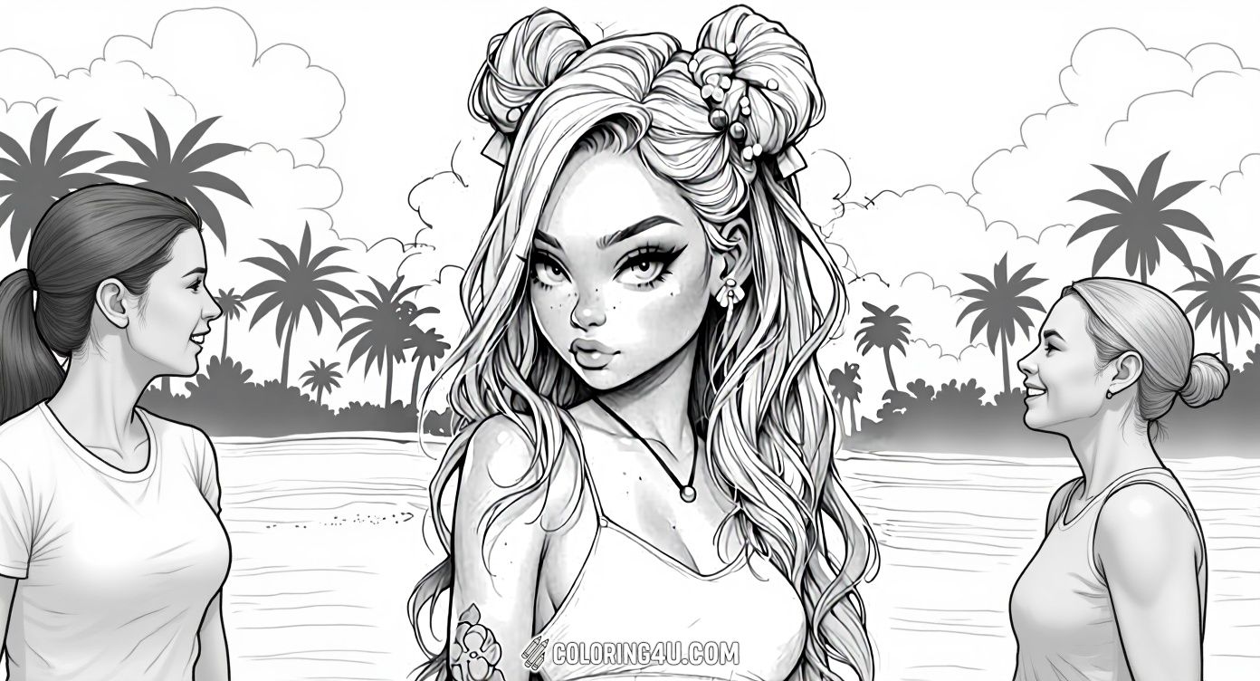 This coloring page shows a fashionable girl with trendy dual buns hairstyle, wearing a sleeveless top and showcasing a floral tattoo on her arm. The beach background with palm trees adds a sunny vibe, inviting kids to bring this cool character to life with vibrant colors.