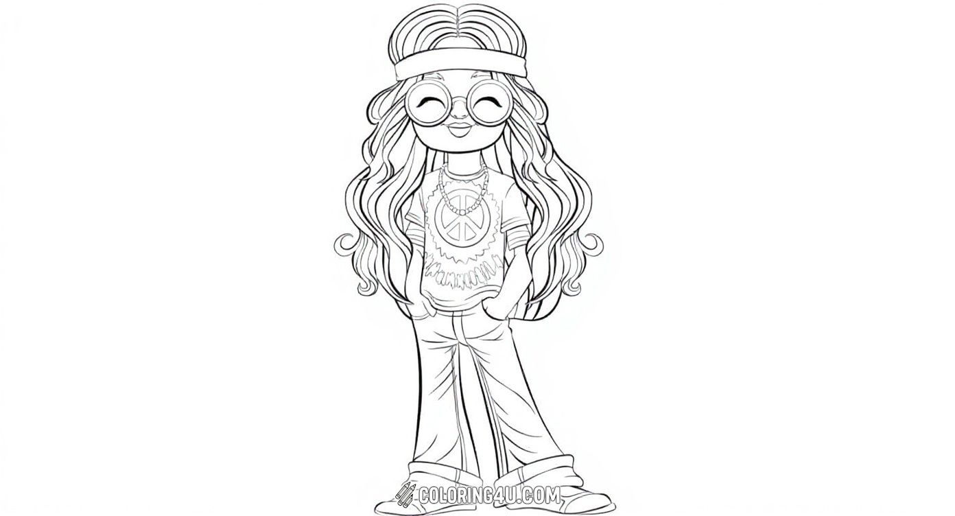 Meet this groovy girl dressed in vintage hippie fashion! She’s wearing a fun tie-dye peace-sign t-shirt, round glasses, and comfy bell-bottom jeans. With her big hairband and necklace, she looks ready to spread peace and love. It’s a perfect coloring page for kids who love retro style and happy vibes!