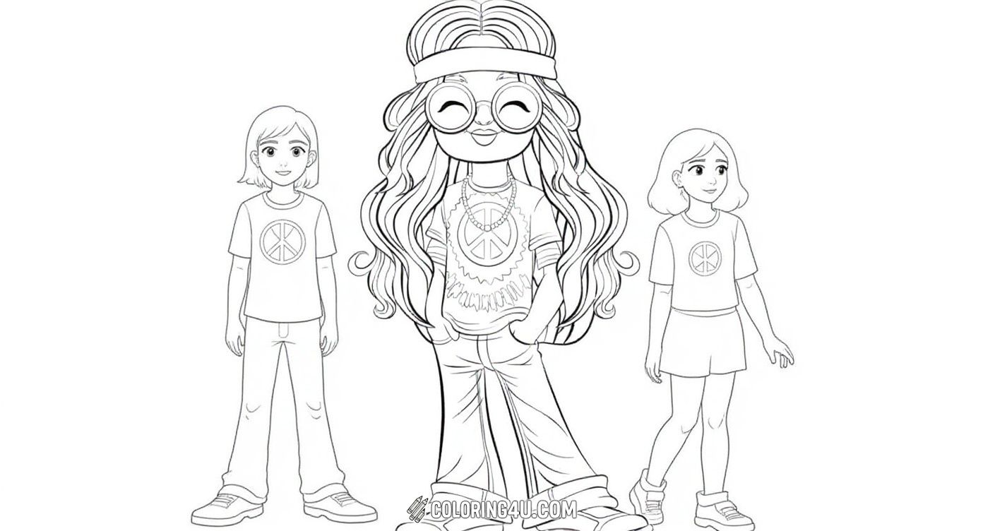 This fun and cheerful coloring page features a smiling hippie girl sporting round glasses, a headband, long wavy hair, and a peace sign t-shirt. Her relaxed pose with hands in pockets and casual pants creates a perfect playful image for kids to enjoy adding bright and fun colors.