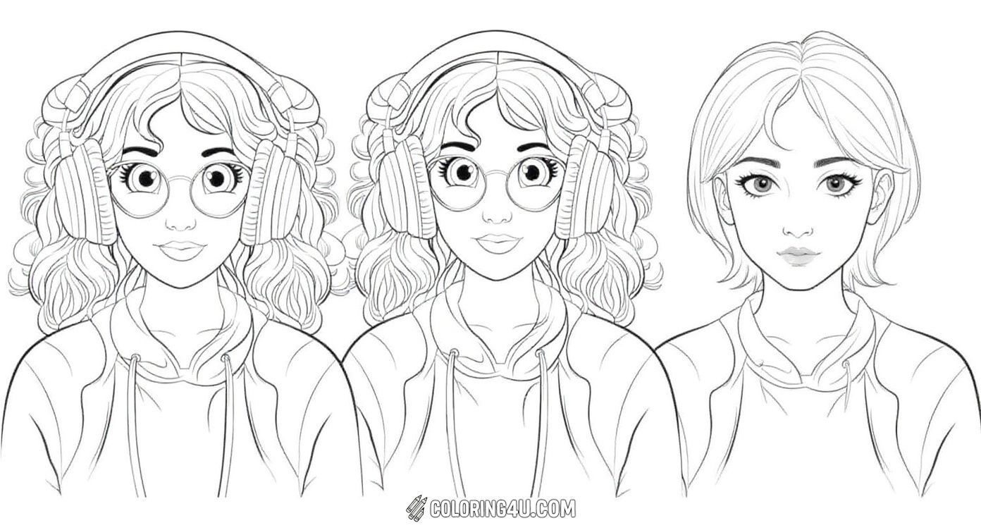 Say hello to this young woman enjoying her favorite tunes with big cozy headphones! She has curly hair, stylish glasses, and a comfy hoodie that makes her look relaxed and happy. Kids can have fun coloring her detailed hair and headset while imagining their favorite songs playing in the background.