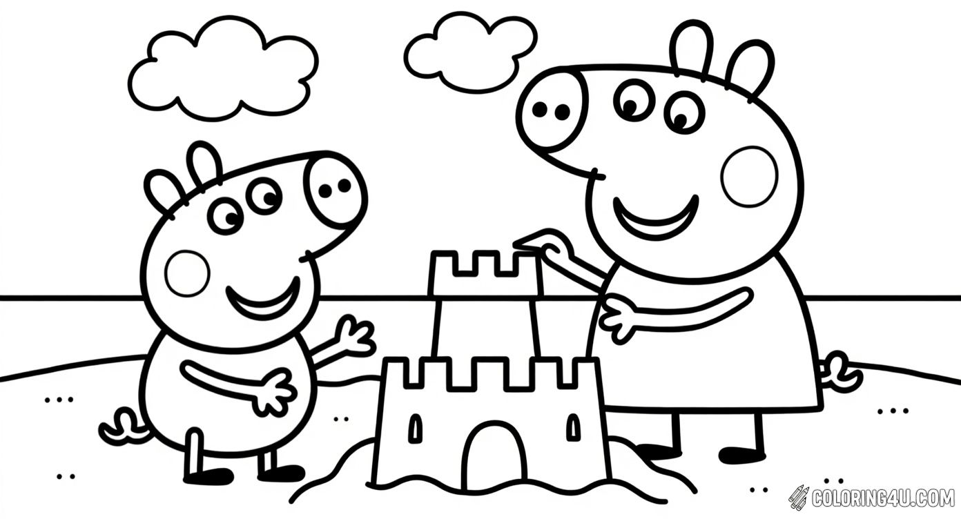 Have fun coloring Peppa Pig and her little brother George as they build an impressive sandcastle together at the beach. With a bucket, shovel, and a bright sky with fluffy clouds overhead, this playful scene inspires creativity and family fun for all kids who love seaside adventures.