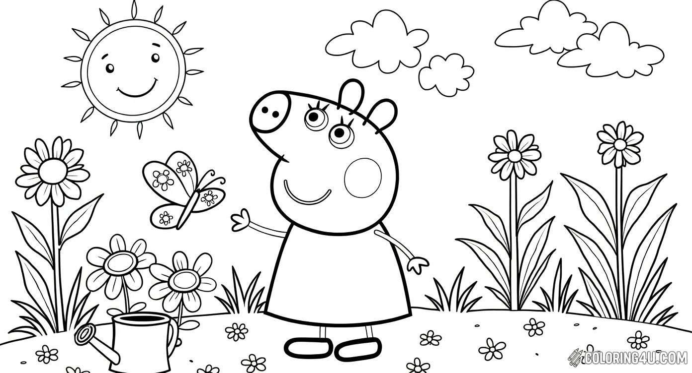 Join Peppa Pig in this delightful coloring page where she is enjoying a sunny day in the garden, admiring a beautiful butterfly among blooming flowers. The smiling sun and fluffy clouds add a cheerful touch, making it perfect for kids who love nature and outdoor fun.