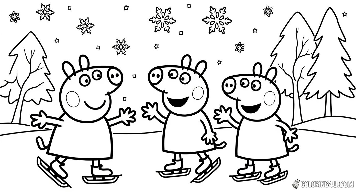 Color this charming winter scene featuring Peppa Pig ice skating joyfully on a frozen pond. Surrounded by delicate snowflakes falling gently from the sky, Peppa is dressed for a magical winter adventure, inviting kids to bring this chilly moment to life with vibrant colors.
