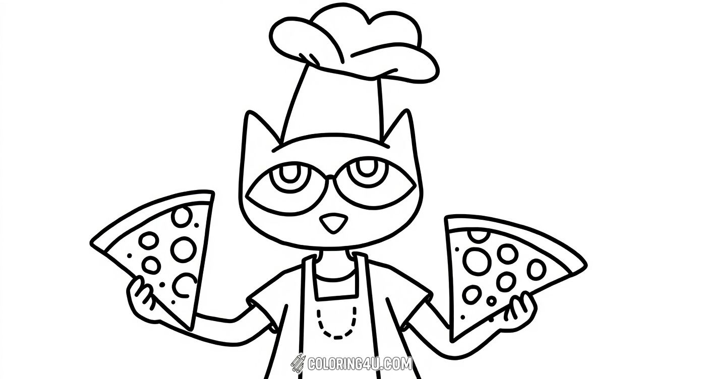 Color Pete the Cat as a cheerful chef proudly holding two delicious pizza slices with a big pizza pie in front of him. This fun scene invites kids to bring the tasty moment to life with their favorite colors and imagine the joy of cooking and sharing pizza.