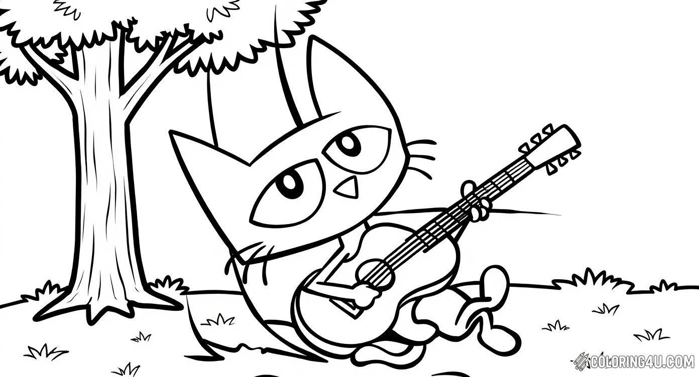 Join Pete the Cat as he relaxes under a big tree, strumming his guitar and making wonderful music. This fun coloring page captures Pete’s cool and laid-back personality, perfect for kids who love music and adventure.