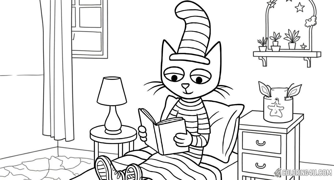 Get cozy with Pete the Cat in this bedtime scene where he’s reading a book in his striped pajamas. The night sky with stars and a crescent moon outside the window adds a calming touch, making this coloring page perfect for winding down after a fun day.