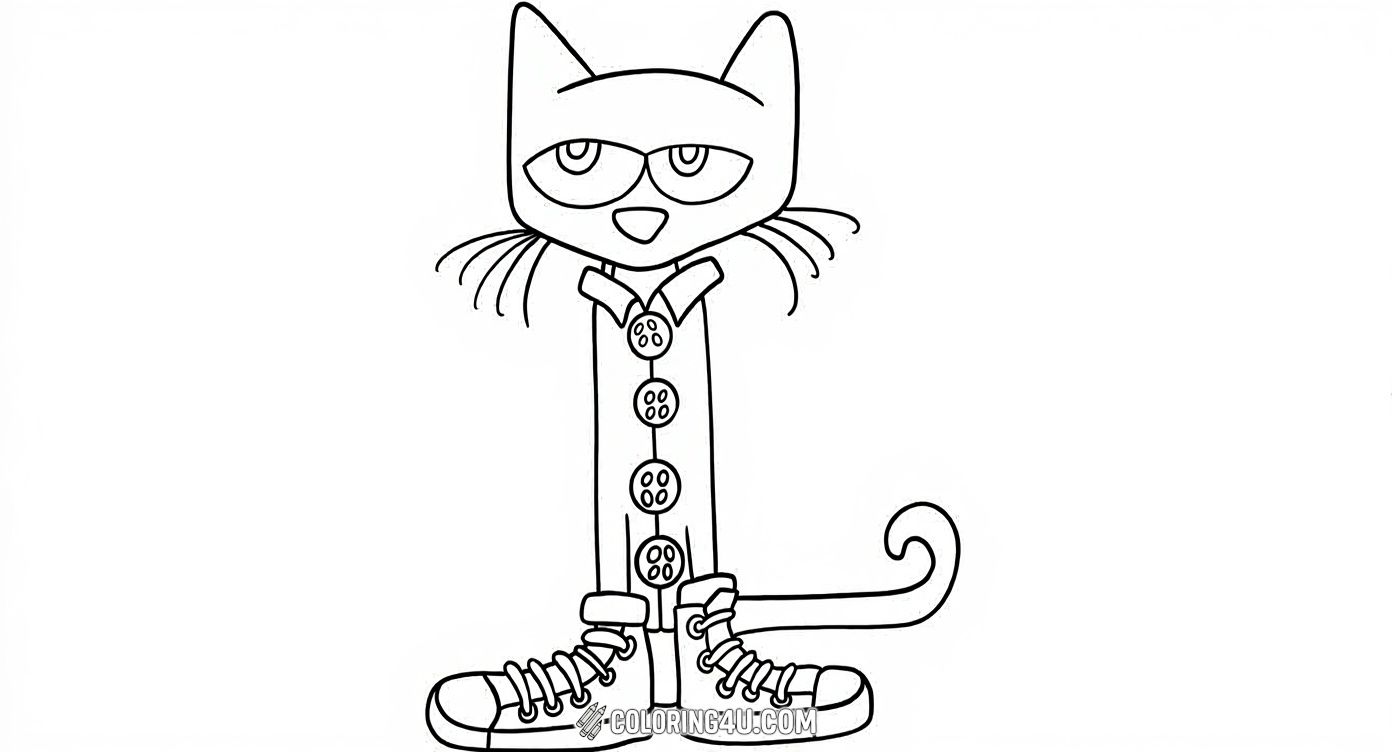 Bring to life Pete the Cat dressed in an extra tall coat buttoned all the way down paired with oversized sneakers. Kids can have fun imagining Pete's quirky style and coloring this playful and unique outfit in bright, joyful colors.