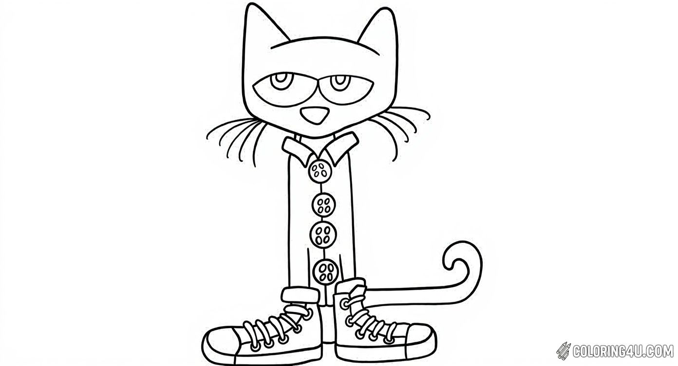 Color Pete the Cat looking stylish and ready for an outing in his buttoned jacket and cool sneakers. This playful image shows Pete standing confidently, inviting kids to add their favorite colors and bring this awesome character to life.