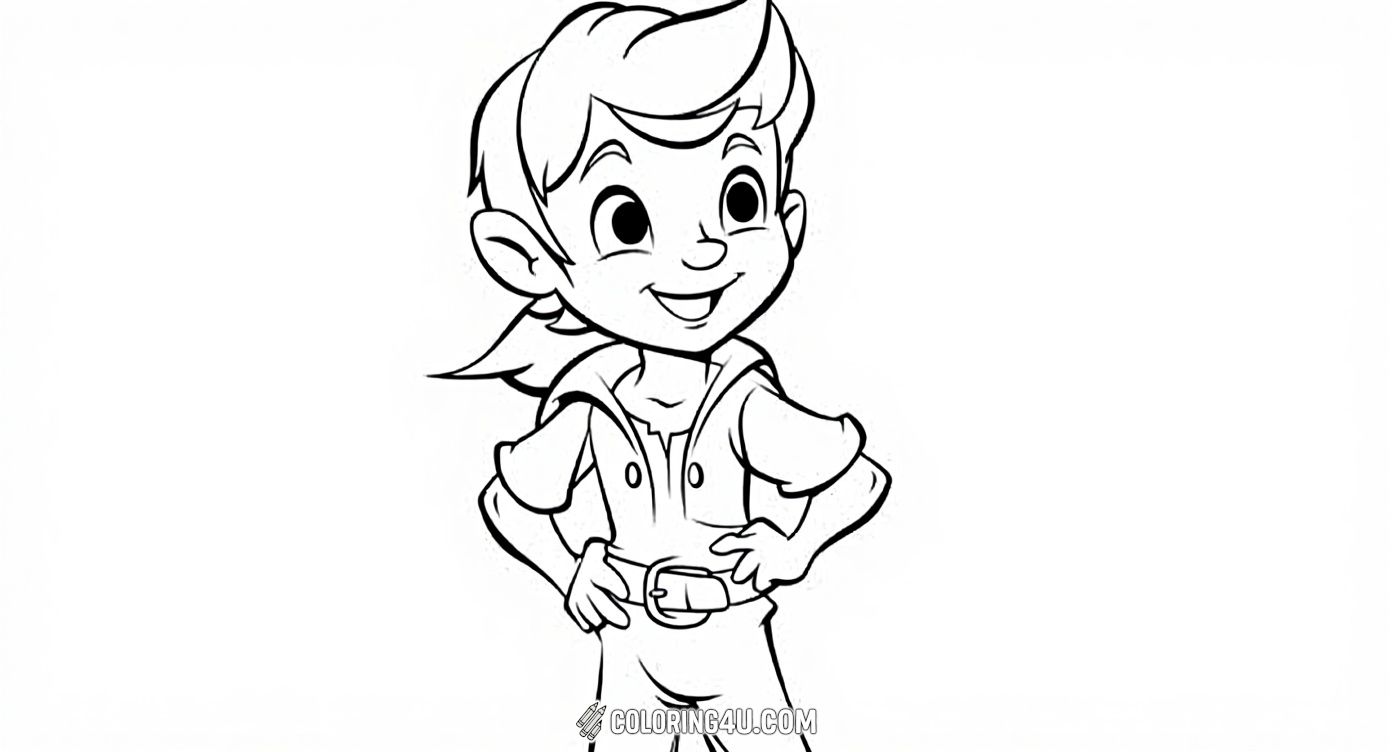Color this adorable young version of Peter Pan as he smiles cheerfully with hands on his hips. This delightful coloring page invites kids to use their imagination and vibrant colors to make Peter shine with joy and excitement.