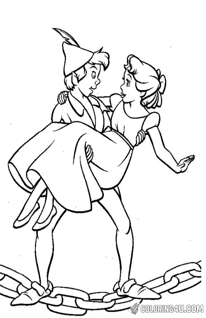 In this enchanting scene, Peter Pan carries Wendy in a playful embrace, showcasing their adventurous bond. With Peter's signature feathered cap and Wendy's flowing dress, the illustration captures a moment of magic and friendship. Kids can bring this whimsical world to life with vibrant colors, imagining their own adventures in Neverland.