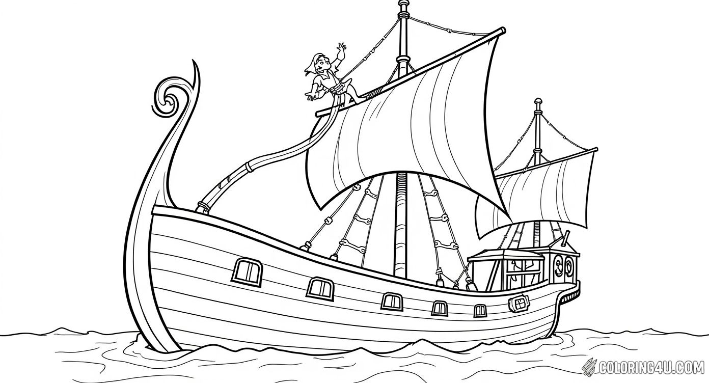 Experience the thrilling battle between Peter Pan and the villainous Captain Hook aboard a pirate ship. Kids can bring this exciting moment to life by coloring the intense sword fight and the daring expressions of the characters.