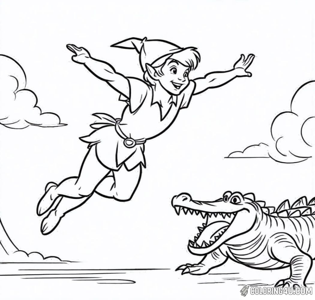 Peter Pan is shown soaring through the air with arms outstretched, a joyful smile on his face and his pointed hat tilted back, while below him a crocodile with sharp teeth and wide eyes looks up eagerly, set against a simple background with clouds and open sky.