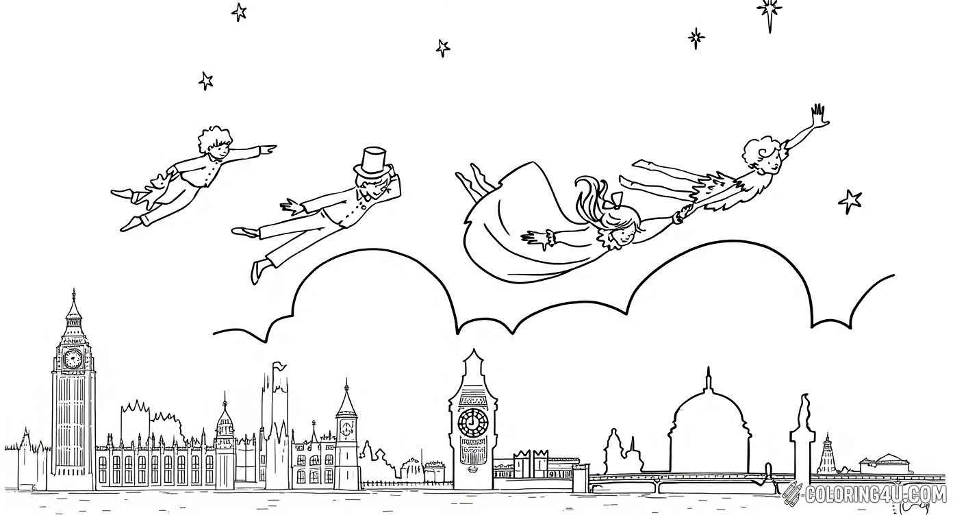Color a serene and enchanting scene featuring Peter Pan guiding Wendy, John, and Michael as they soar over the London skyline at night. This peaceful picture encourages kids to use their imagination to add vibrant colors to the stars and cityscape below.