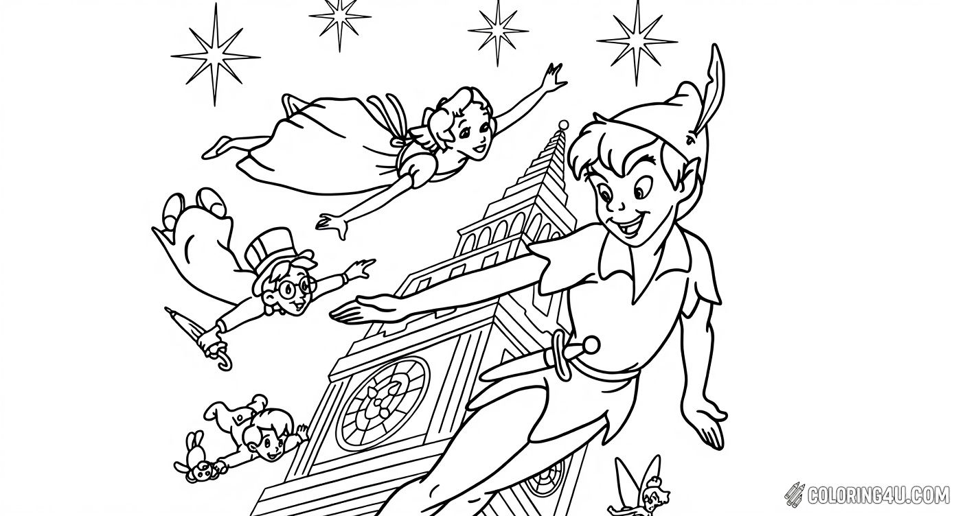 Join Peter Pan, Wendy, John, Michael, and Tinker Bell as they fly high above the iconic Big Ben clock tower in London. This magical scene invites children to color a delightful adventure filled with stars and the joy of flying with friends.