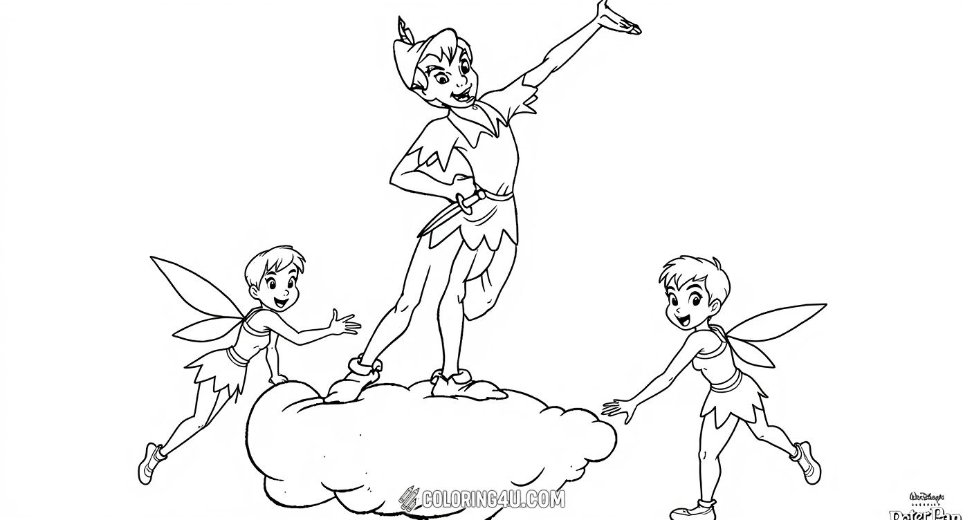Step into the magical world of Neverland with this enchanting coloring page featuring Peter Pan standing on a cloud surrounded by sparkling stars and his fairy friend Tinkerbell. Kids will love adding color to this magical scene full of charm and wonder.