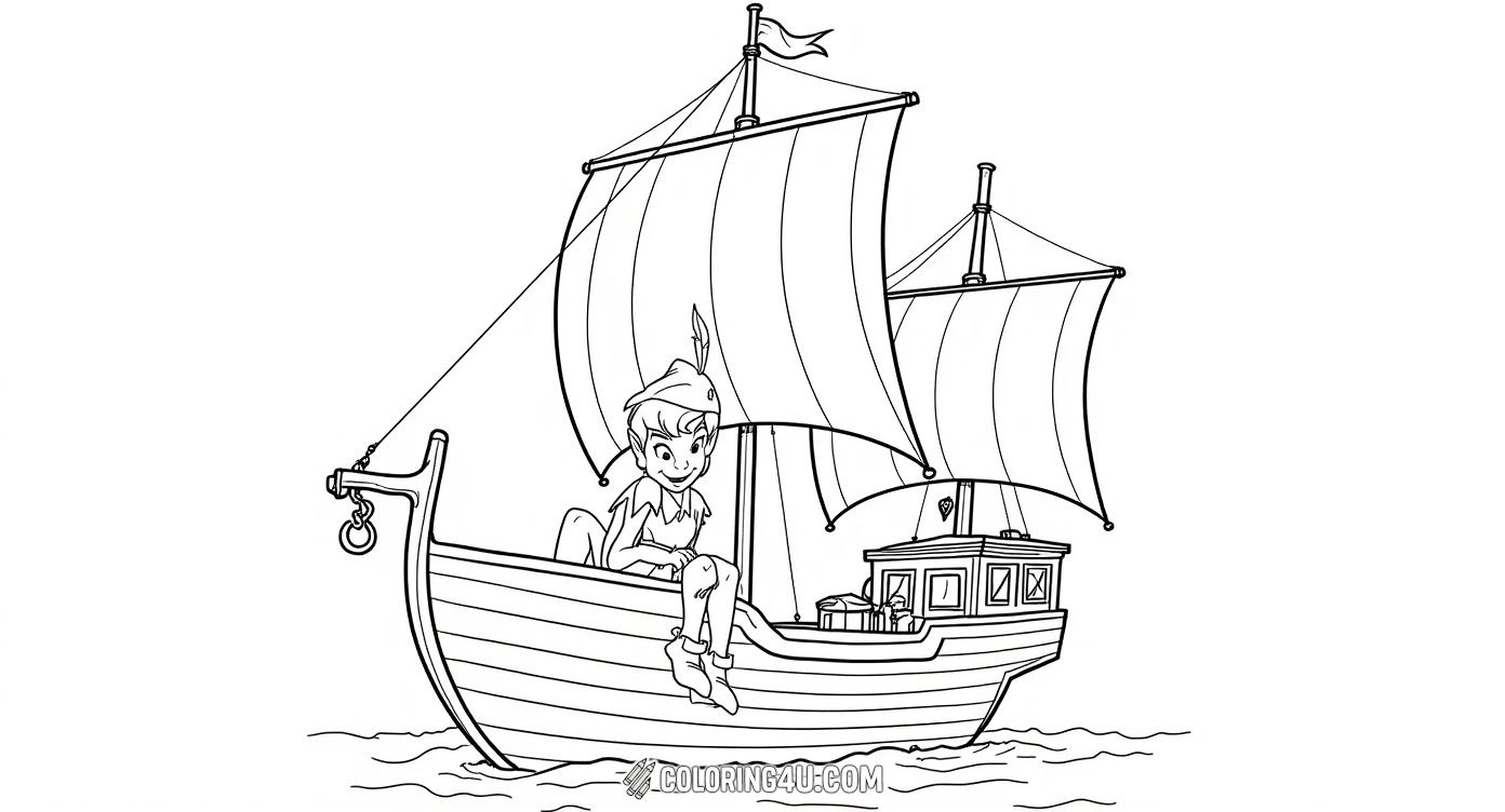 This fun coloring page features Peter Pan, the adventurous boy who never grows up, sitting cheerfully on the sail of a ship. Kids can bring this classic character to life with their favorite colors as he smiles mischievously, ready for a new adventure in Neverland.