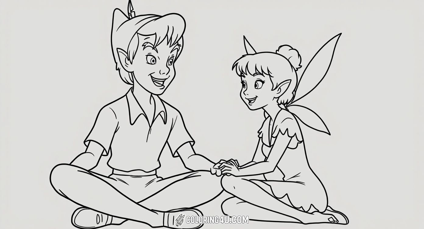 Dive into the magical world of Peter Pan with this delightful coloring page! Peter Pan sits peacefully with a happy smile, surrounded by twinkling fairy dust and the tiny fairy Tinkerbell by his side. Children will love adding their own colorful touch to this iconic scene from the classic tale.