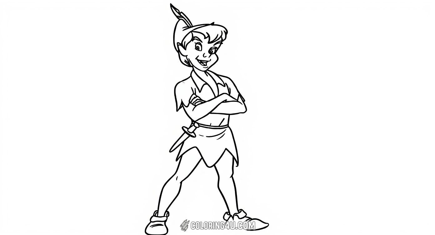 Join Peter Pan as he stands confidently with his arms crossed, ready to lead all the adventures in Neverland. This fun and simple coloring page is perfect for kids who love to bring their favorite hero to life with bright colors!