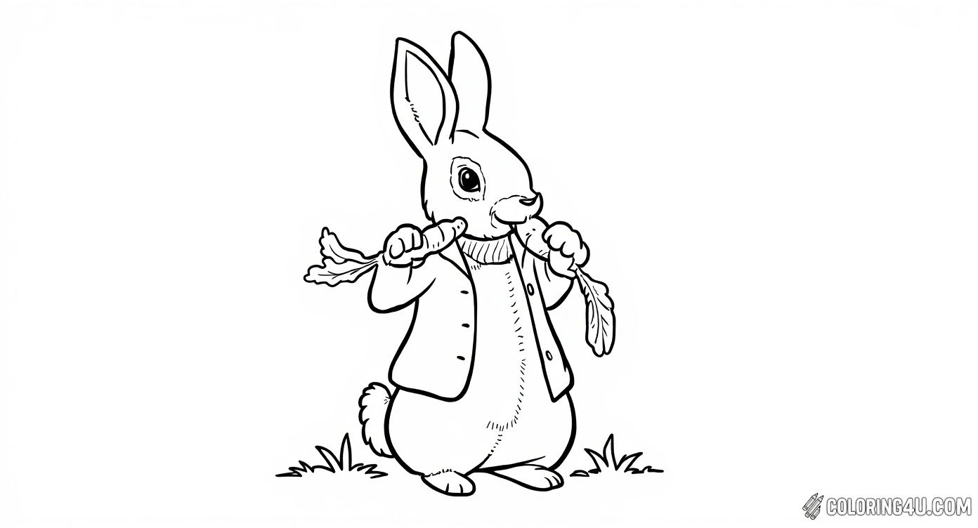 This delightful coloring page features Peter Rabbit holding and munching on two fresh carrots. Kids can enjoy bringing this charming scene to life with colors while imagining the playful adventures of Peter Rabbit in his little jacket.