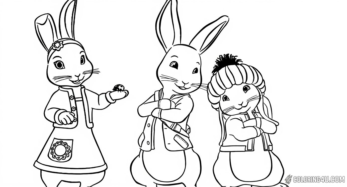 Here we have a fun coloring page showing Peter Rabbit along with his friends dressed warmly and smiling cheerfully. Kids will love to color these cute bunny characters and create their own version of this friendly group from the world of Peter Rabbit.