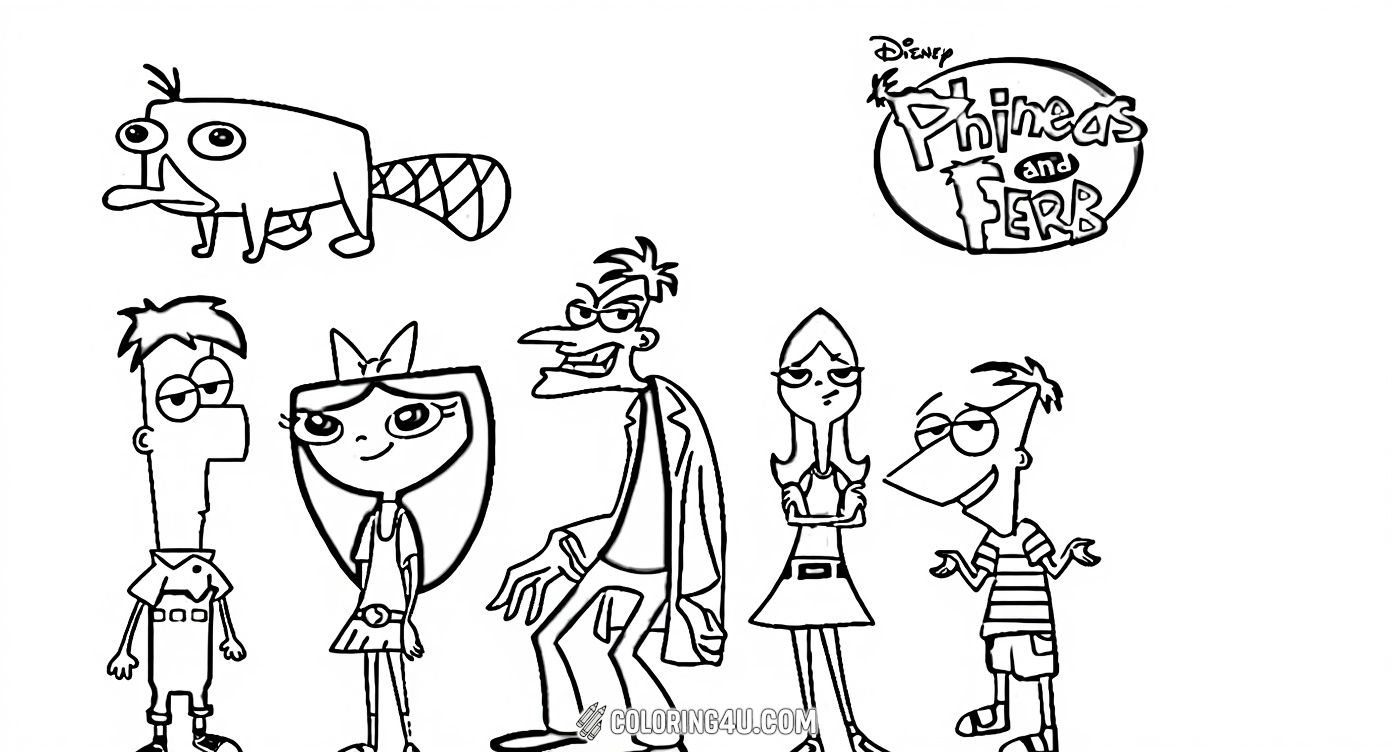 Dive into the world of Phineas and Ferb with this coloring sheet featuring all the main characters including Perry the Platypus! Kids can have fun coloring Phineas, Ferb, Candace, Dr. Doofenshmirtz, and more in this lively group scene from the hit Disney series.