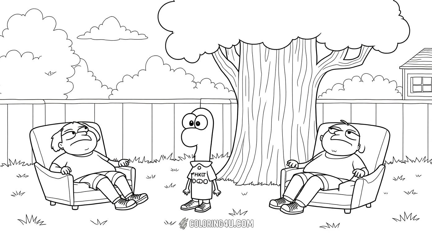 Join Phineas and Ferb in this fun coloring page where the two imaginative brothers are relaxing under a big tree in their backyard. Perry the Platypus, their secret agent pet, is also there, making it a perfect scene for kids to bring to life with colors and creativity!