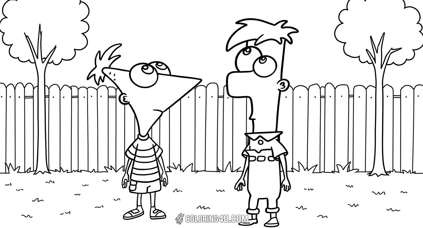 Get ready to color Phineas and Ferb as they stand together in their backyard with a wooden fence in the background. This cute scene captures their curiosity and friendship, inviting kids to add bright colors to their adventurous world.