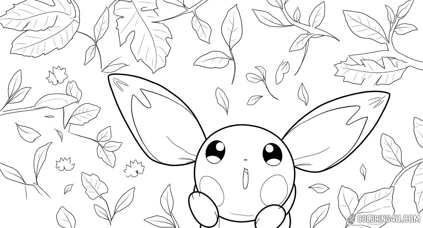 This adorable coloring page features Pichu, the cheerful electric mouse Pokémon, climbing a tree surrounded by falling leaves. Kids can have fun bringing this playful scene to life with their favorite colors and enjoy the magical forest setting.