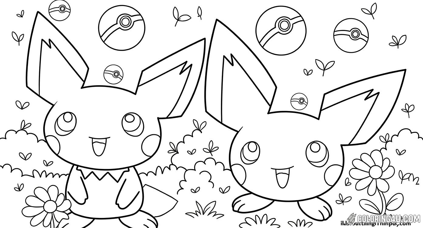 Color this delightful Pichu surrounded by beautiful flowers and floating Poké Balls! This engaging scene invites kids to explore their imagination while filling the background and character with bright, lively colors. Perfect for Pokémon fans who enjoy nature and fun details.