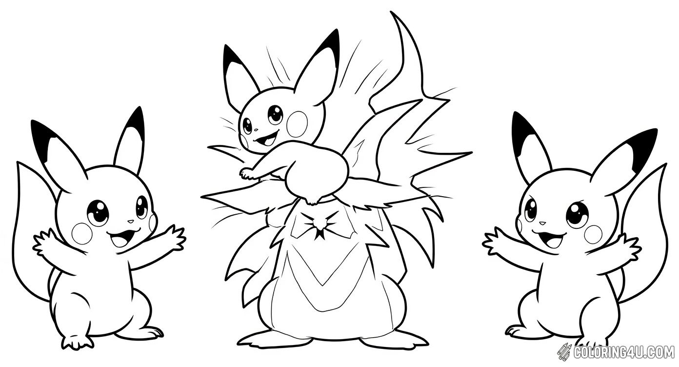 Get ready for an exciting coloring adventure with Pichu, Pikachu, and Raichu, the beloved electric Pokémon trio! This scene shows them having fun and gearing up for a friendly battle, making it a perfect page for kids to color and imagine their own Pokémon stories.