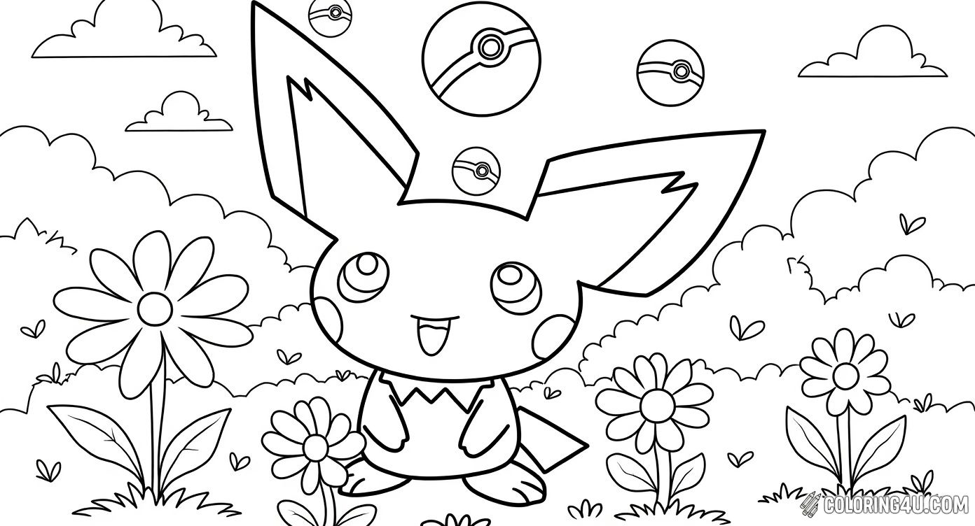 Pichu Pokeballs Flowers Happy Outdoor Coloring Page