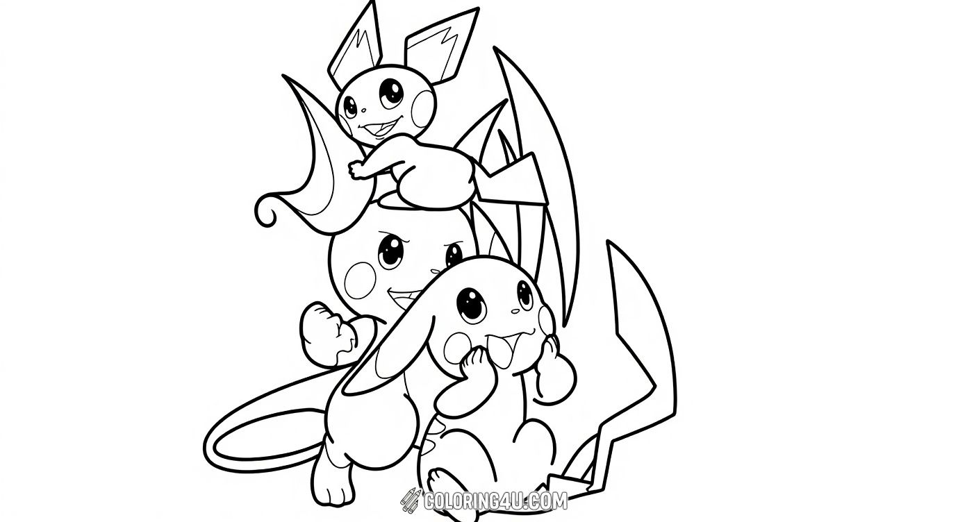In this exciting coloring page, Pichu is playfully riding on Pikachu's head, showcasing a fun and energetic moment between two beloved Pokémon. Kids will enjoy coloring these happy Pokémon and imagining their adventures together in the Pokémon world.
