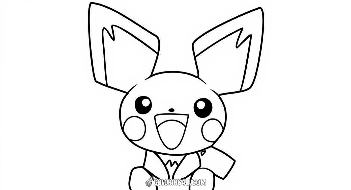 Here is a charming portrait of Pichu sitting happily with a big smile. This simple and cute coloring page invites children to color Pichu's joyful expression and add their own creative touches to this playful Pokémon character from the Pokémon universe.