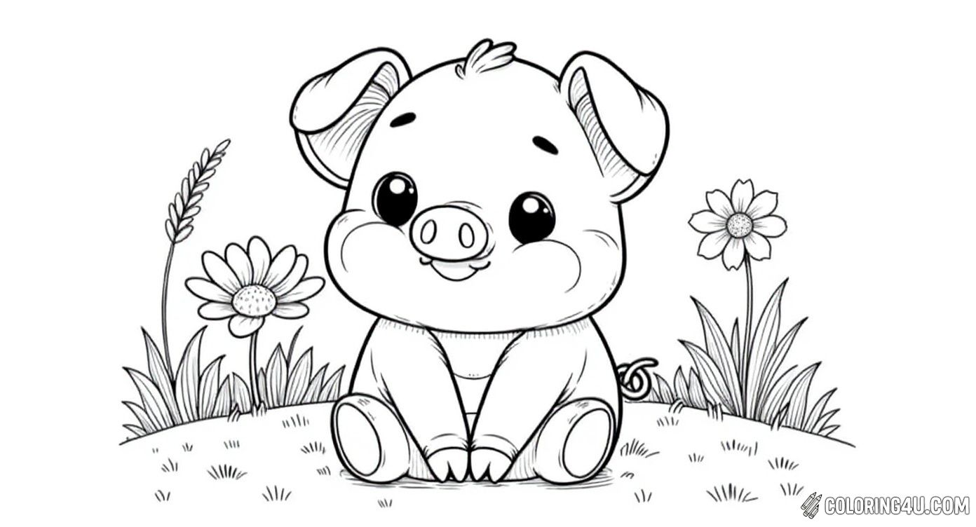 Baby Pig Sitting In Flower Field