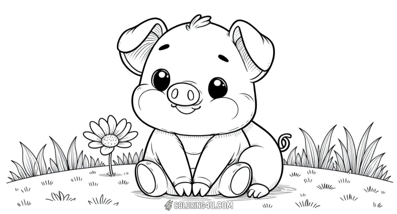 Color this sweet baby pig sitting happily among pretty flowers and grass. With big sparkling eyes and a tiny tuft of hair, this cute piglet invites kids to explore nature colors while having fun coloring this delightful scene.