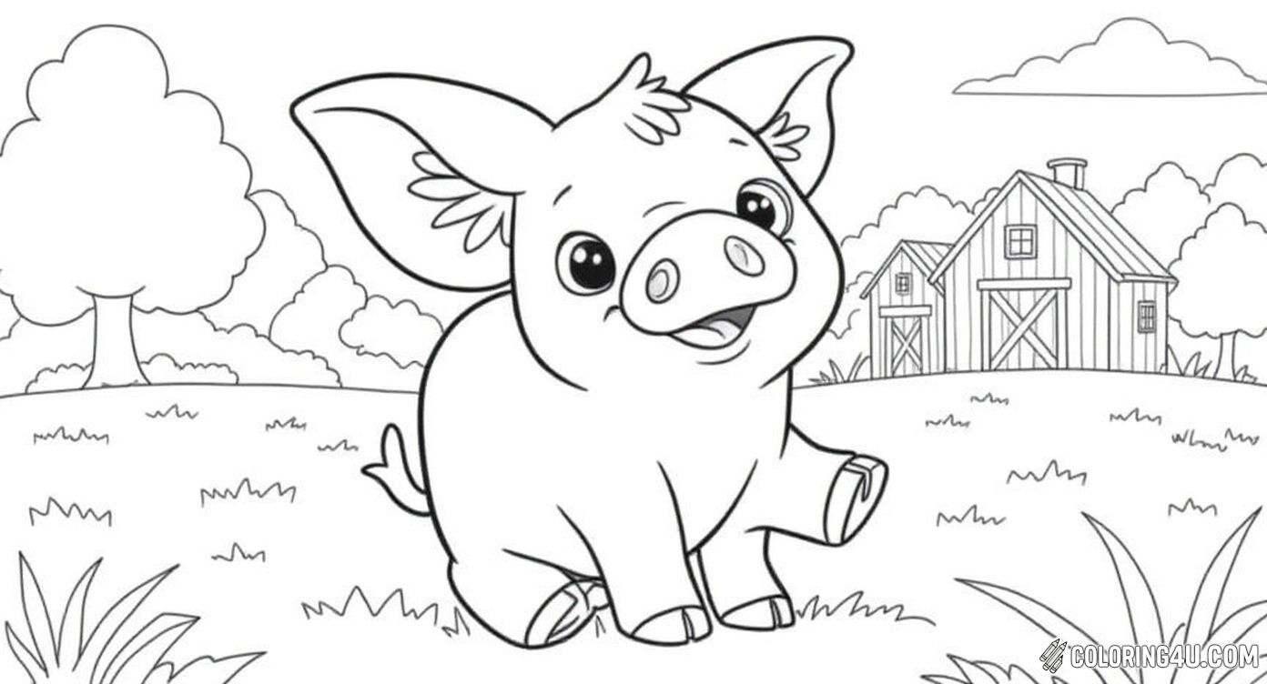 Happy Pig On Farm Background Coloring Page