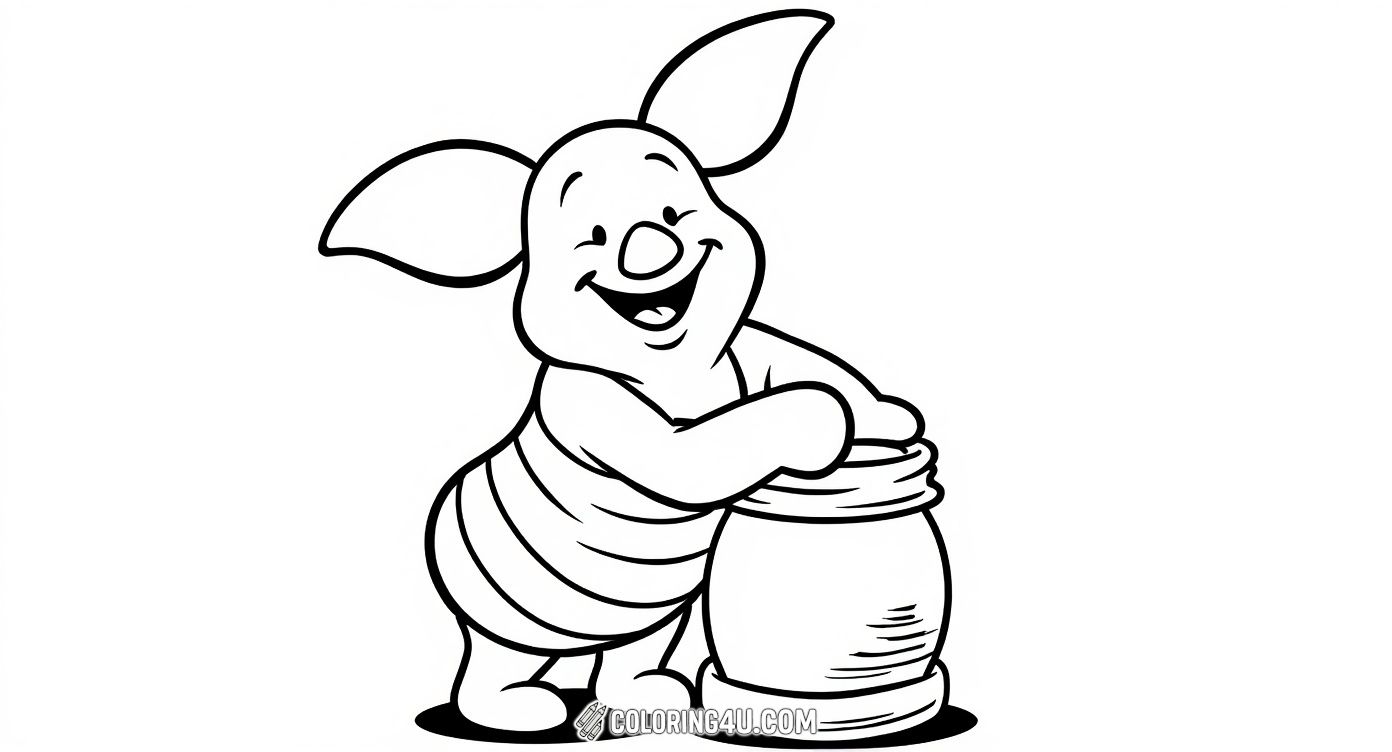 Bring this adorable image of a smiling Piglet leaning on a honey pot to life with your favorite colors! This cheerful and cozy scene invites children to add their creativity to a classic character enjoying a quiet moment.
