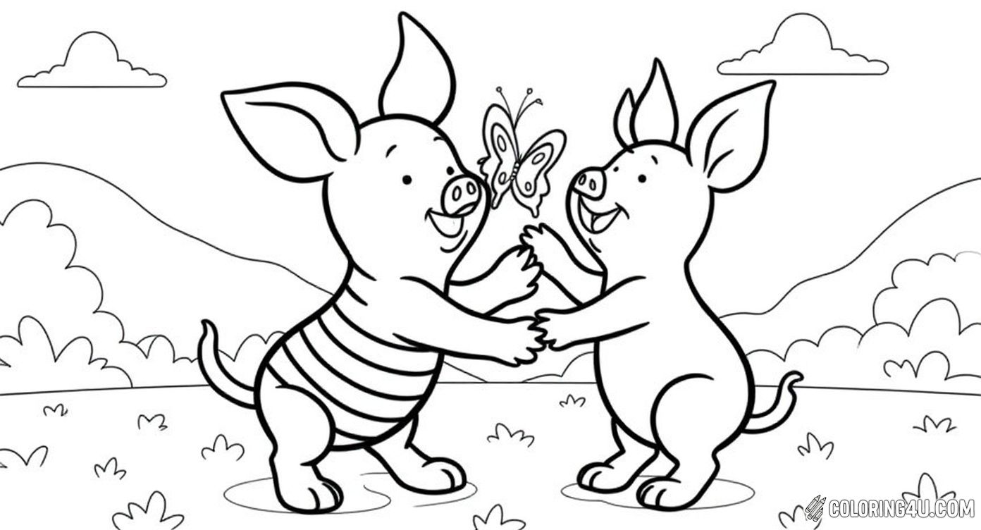 Join Piglet in this delightful coloring page where he is joyfully reaching out to catch beautiful butterflies in a sunny outdoor setting filled with clouds and grass. This scene invites kids to bring the magic of nature to life with their favorite colors.