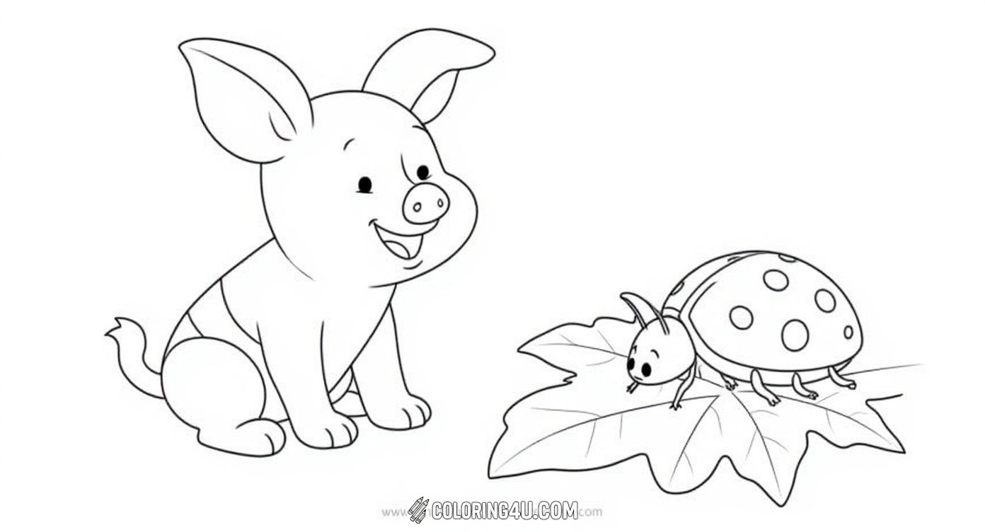 Color this charming scene of Piglet curiously observing a friendly ladybug resting on a leaf. This simple and sweet moment encourages kids to explore nature and enjoy small creatures in their imaginative coloring adventure.