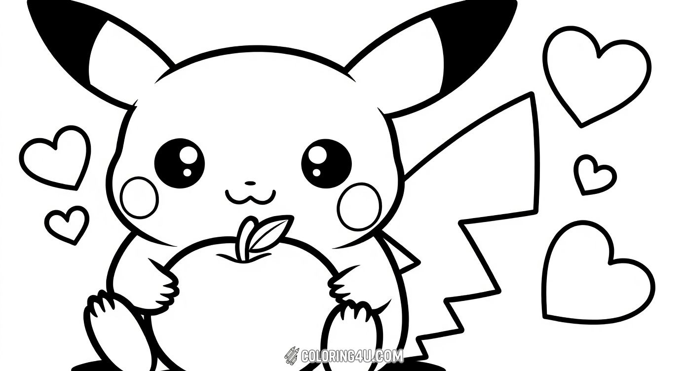 This delightful coloring page features Pikachu, the beloved Pokémon character, happily holding a big apple with adorable hearts floating nearby. Perfect for kids who love cute and sweet scenes, this image invites little artists to bring Pikachu’s joyful moment to life with vibrant colors.