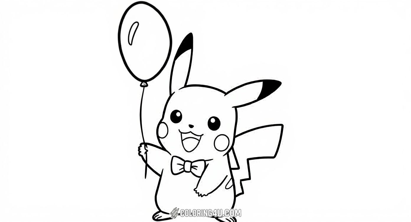 Bring the cheerful spirit of Pikachu to life with this cute coloring page! Pikachu is happily holding a balloon and sporting a bow tie, making it a perfect image for kids to color and enjoy. This friendly Pokémon from the famous Pokémon franchise invites children to add bright colors and celebrate fun and joy.