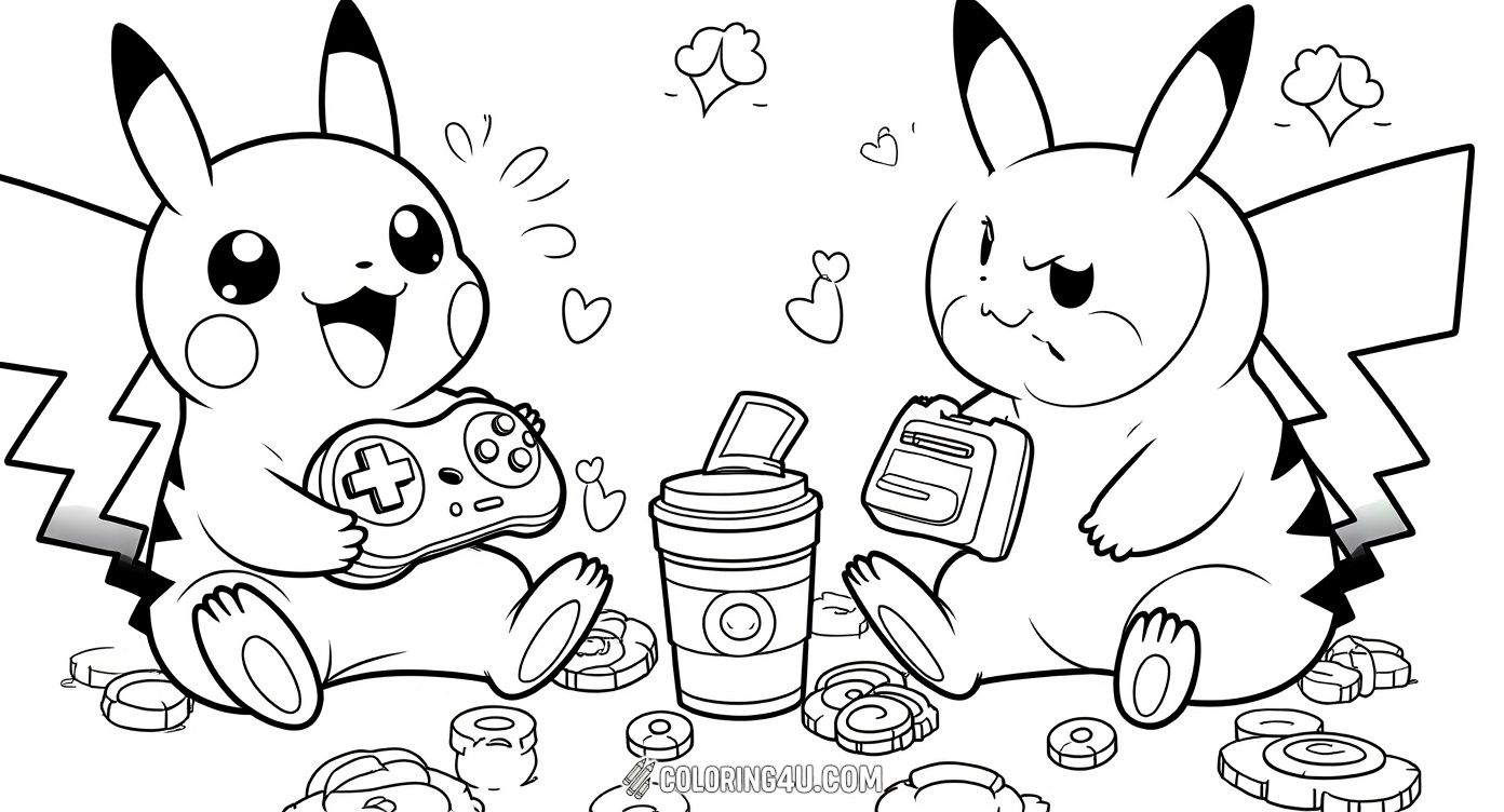 Here is a fun and playful coloring page showing Pikachu immersed in a video game adventure, holding a game controller with extra gaming gear around. Kids will enjoy coloring this lively scene of Pikachu’s gaming excitement, encouraging imagination and creativity in every detail.