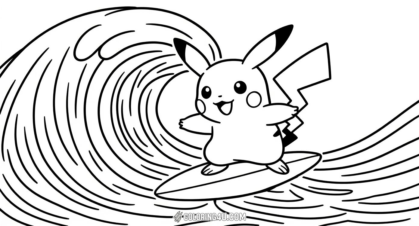 Ride the waves with this energetic coloring page featuring Pikachu surfing on a giant ocean wave! This exciting image captures Pikachu’s adventurous spirit and is perfect for kids who love action-packed scenes. Brighten up the water, waves, and Pikachu with your favorite colors and dive into fun!