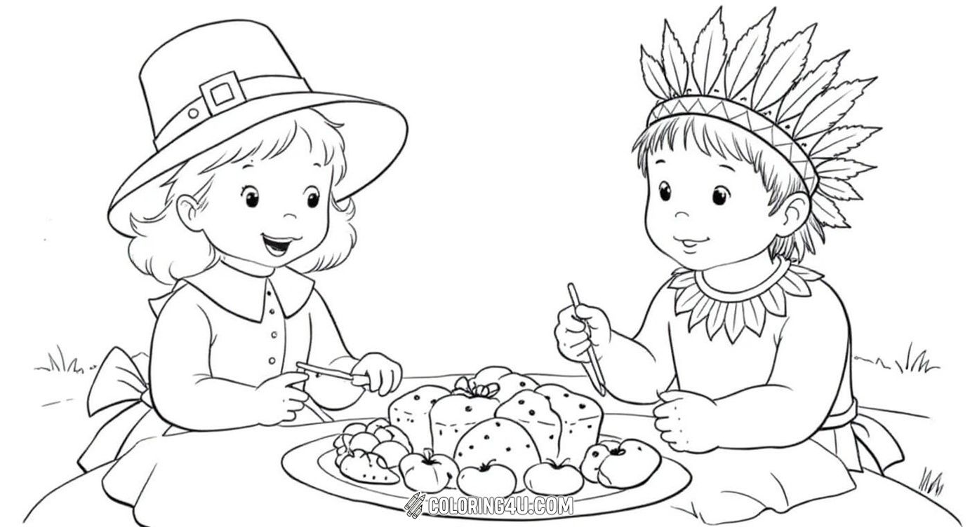 This delightful coloring page depicts a cute Pilgrim girl and a Native American boy standing outdoors with a tree behind them. The Pilgrim girl carries a tray piled high with fruits and vegetables, while the Native American boy looks on happily. Kids will love bringing this friendly and festive Thanksgiving moment to life with colors.
