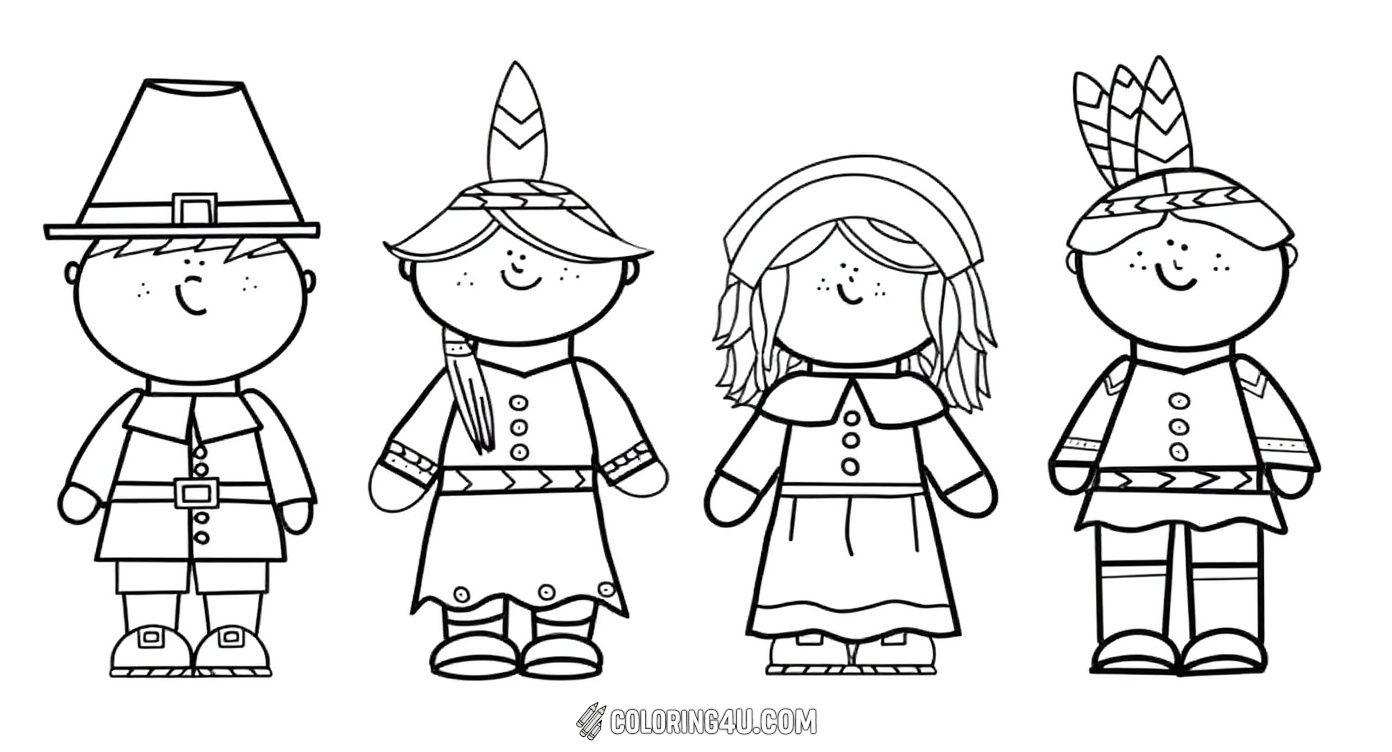 Here are happy little Pilgrims and Native Americans, all lined up and ready for coloring fun! Each character has a cheerful smile and traditional attire, making it perfect for kids to learn about the people who celebrated the first Thanksgiving together.