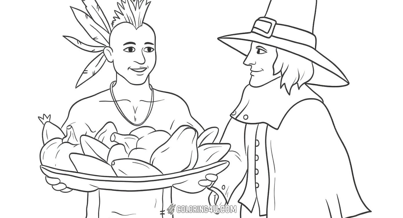 This coloring page shows a Native American man holding a bowl full of vegetables and sharing it with a Pilgrim man dressed in traditional clothes and a hat with a buckle. Kids can color the friendly interaction as these two characters share food in a welcoming scene.