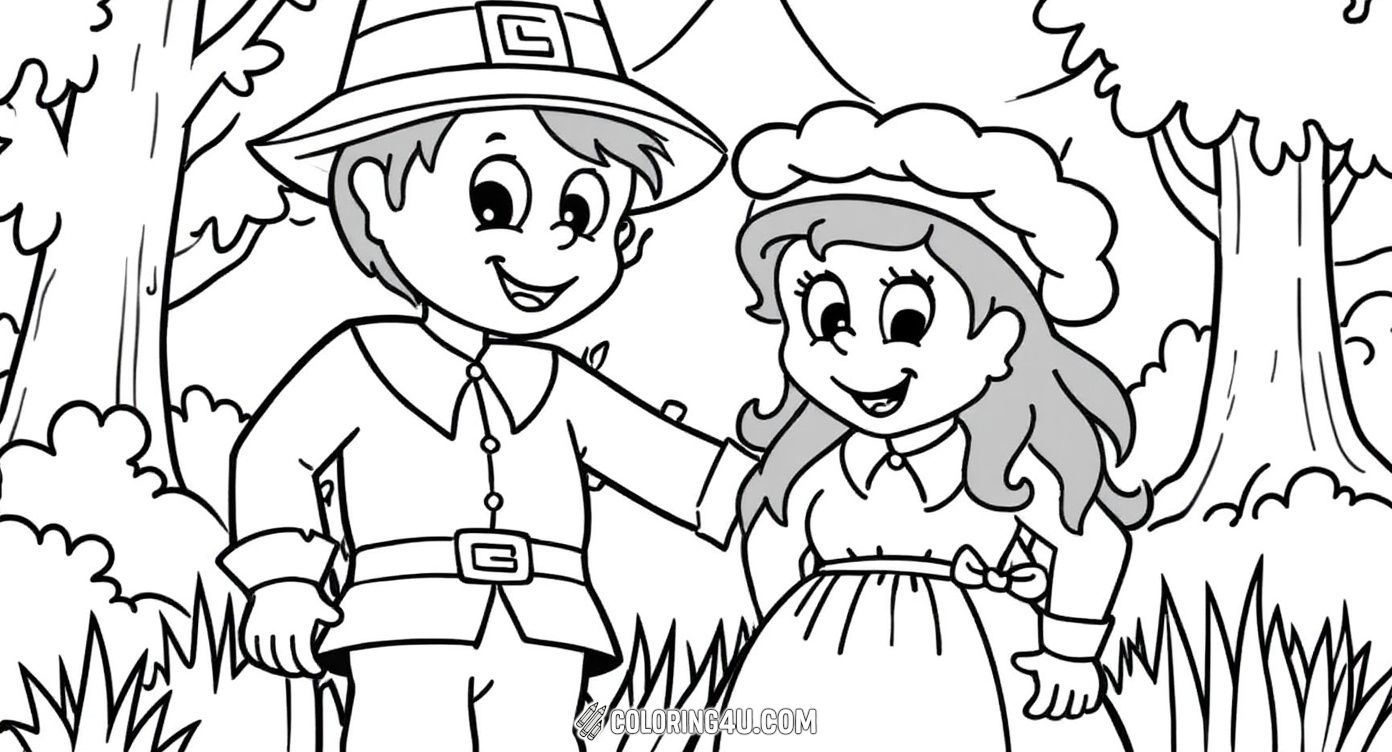 This delightful image features a smiling Pilgrim boy and girl standing in a forest setting, full of opportunity to add bright colors and details. Kids can enjoy coloring their clothes and the nature around them, imagining the stories of early settlers.